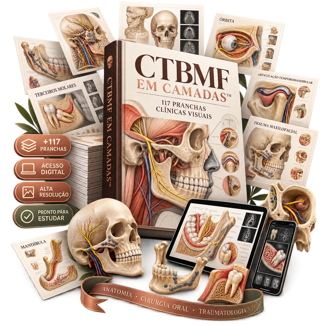 CTBMF EM CAMADAS™ — livro com 117 Pranchas Clínicas Visuais, pranchas de anatomia, ATM e trauma maxilofacial, tablet e celular exibindo o material